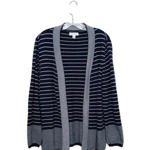 Kim Rogers Women's Navy Blue White Striped Open Front Cardigan Sweater XL